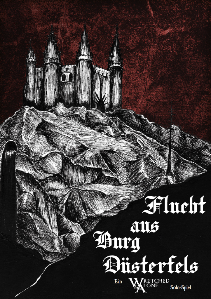 Cover von Flucht aus Burg Düsterfels zeigt eine finstere Burg auf einem Berg. Der Himmel ist rot gefärbt